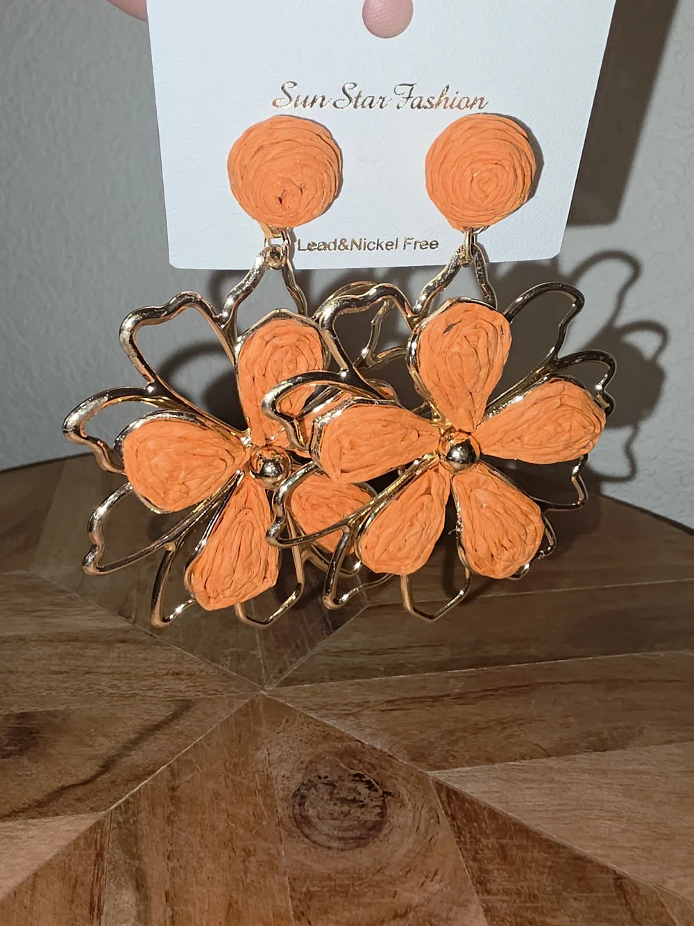 Floral Rafia With Gold-Tone Metal Accents, Drop Earrings, Orange, NWT